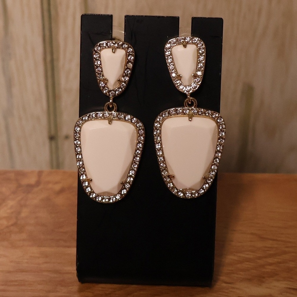 Gold Tone Cabochon Drop Earrings Womens Cream Gold Rhinestone Statement Neutral